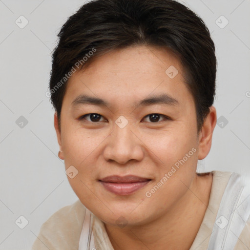 Joyful asian young-adult female with short  brown hair and brown eyes