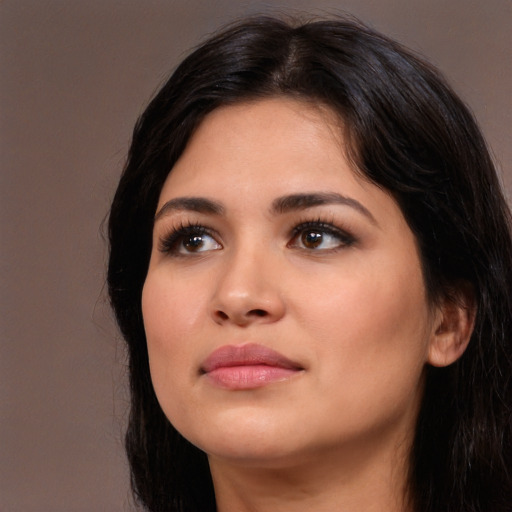 Neutral white young-adult female with long  black hair and brown eyes