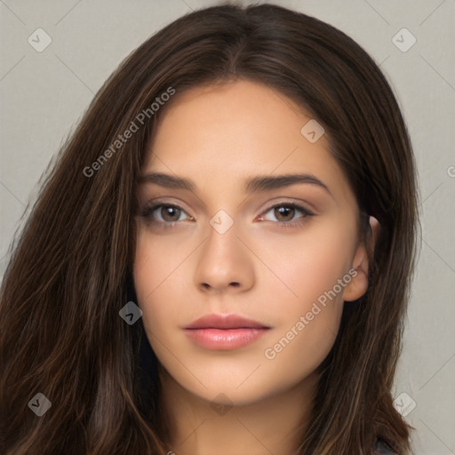 Neutral white young-adult female with long  brown hair and brown eyes