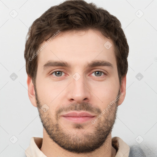 Neutral white young-adult male with short  brown hair and brown eyes