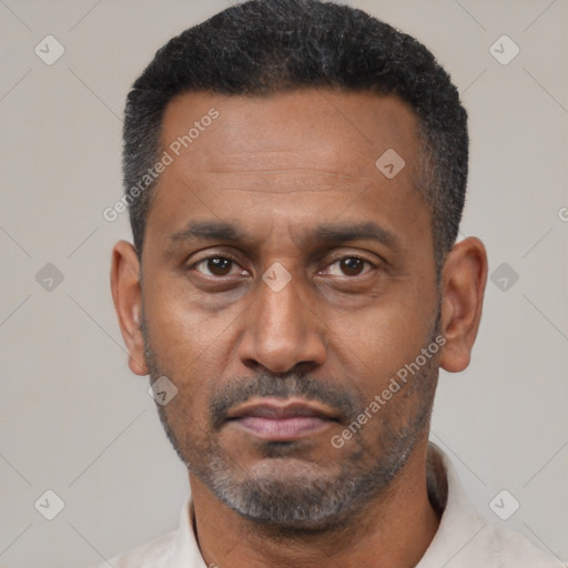 Neutral latino adult male with short  black hair and brown eyes