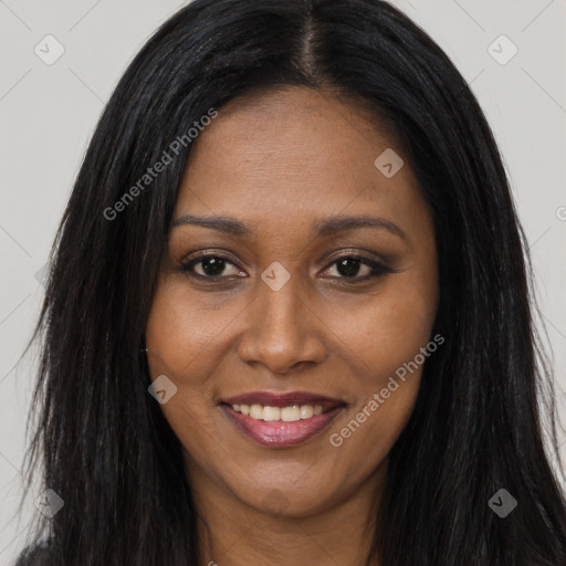 Joyful asian young-adult female with long  brown hair and brown eyes