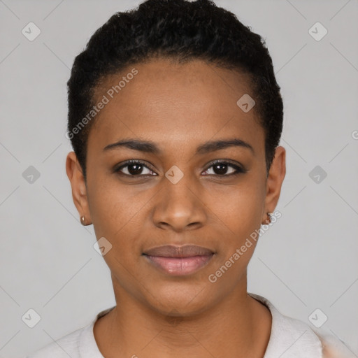 Joyful black young-adult female with short  black hair and brown eyes