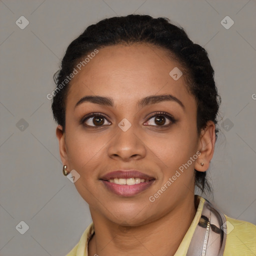 Joyful latino young-adult female with short  black hair and brown eyes