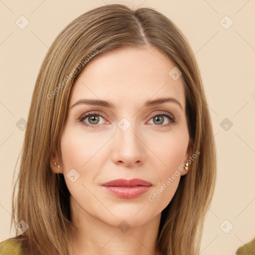 Neutral white young-adult female with long  brown hair and brown eyes