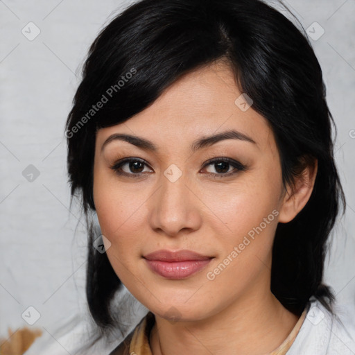 Joyful asian young-adult female with medium  black hair and brown eyes