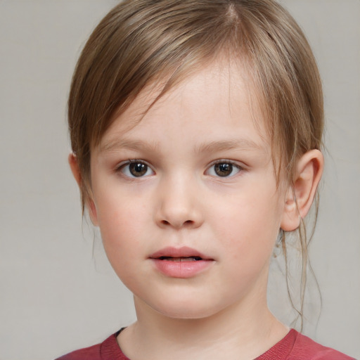 Neutral white child female with medium  brown hair and grey eyes