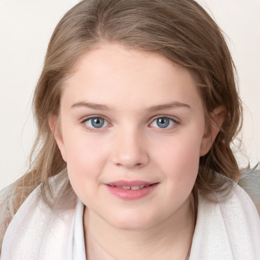 Joyful white child female with medium  brown hair and grey eyes