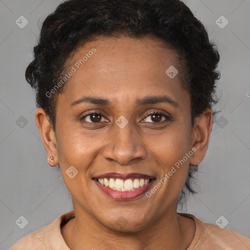 Joyful latino young-adult female with short  brown hair and brown eyes