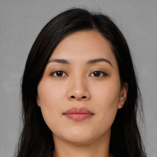 Neutral asian young-adult female with long  black hair and brown eyes