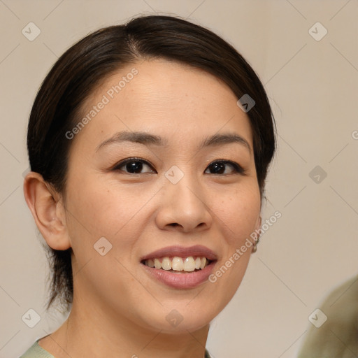 Joyful white young-adult female with medium  brown hair and brown eyes