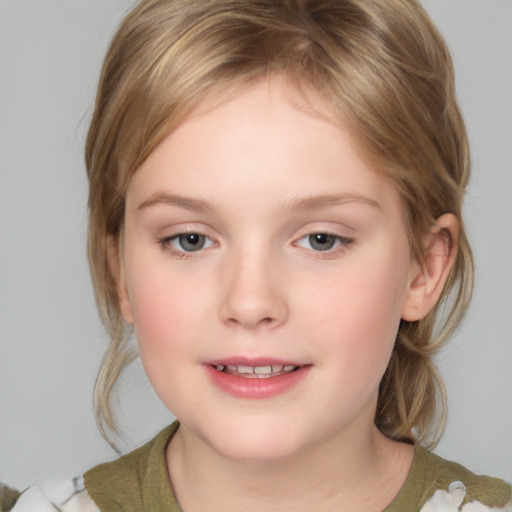 Joyful white child female with medium  brown hair and grey eyes