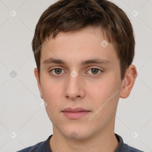 Neutral white young-adult male with short  brown hair and brown eyes