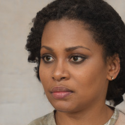 Neutral black young-adult female with medium  brown hair and brown eyes