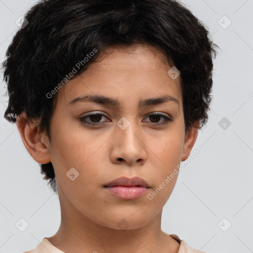 Neutral white young-adult female with short  brown hair and brown eyes