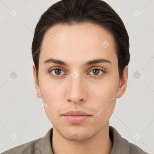 Neutral white young-adult male with short  brown hair and brown eyes