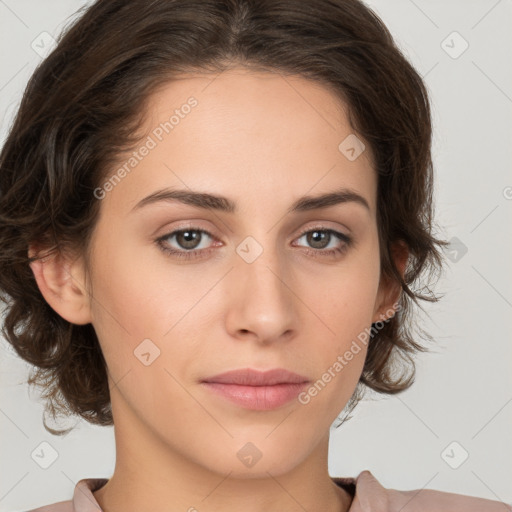 Neutral white young-adult female with medium  brown hair and brown eyes