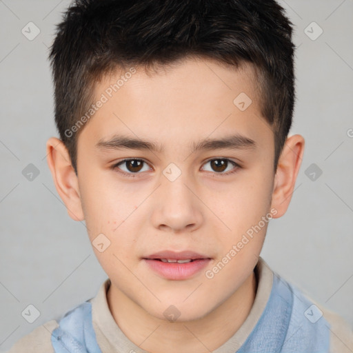 Joyful white child male with short  brown hair and brown eyes