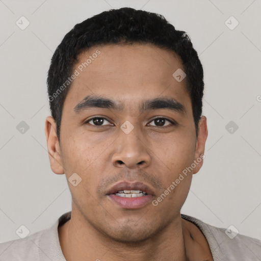 Neutral asian young-adult male with short  black hair and brown eyes