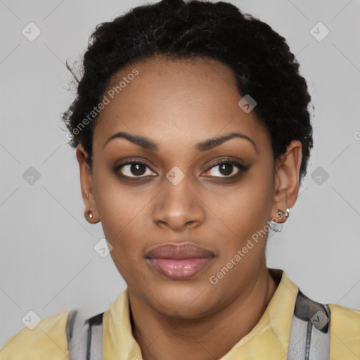 Neutral latino young-adult female with short  black hair and brown eyes