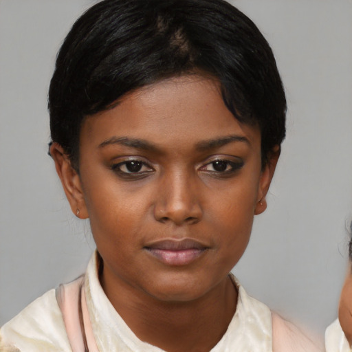 Neutral latino young-adult female with short  black hair and brown eyes