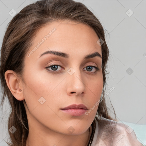 Neutral white young-adult female with medium  brown hair and brown eyes