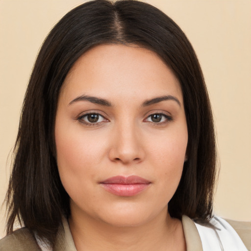 Neutral white young-adult female with medium  brown hair and brown eyes