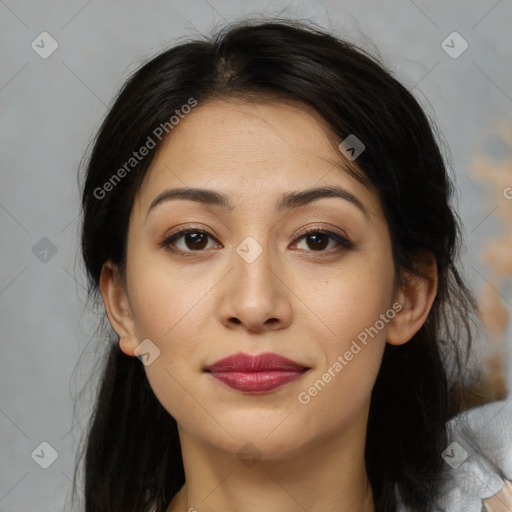 Joyful white young-adult female with medium  brown hair and brown eyes