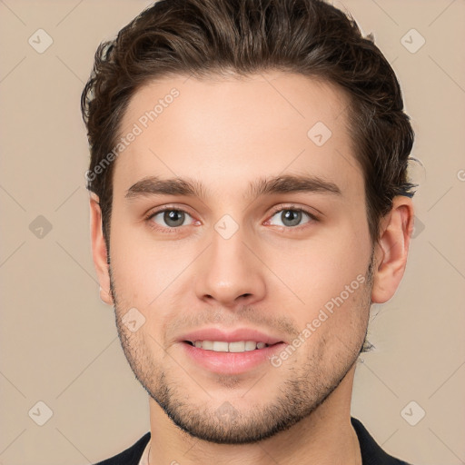 Joyful white young-adult male with short  brown hair and brown eyes