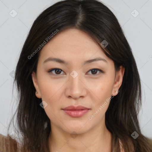 Joyful asian young-adult female with long  brown hair and brown eyes