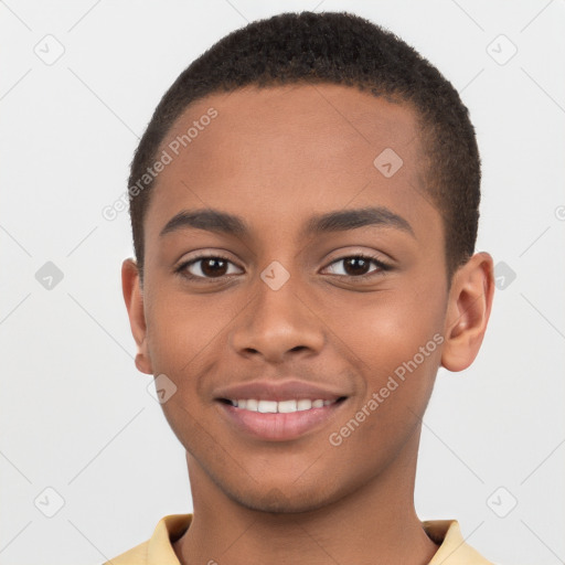 Joyful black young-adult male with short  brown hair and brown eyes