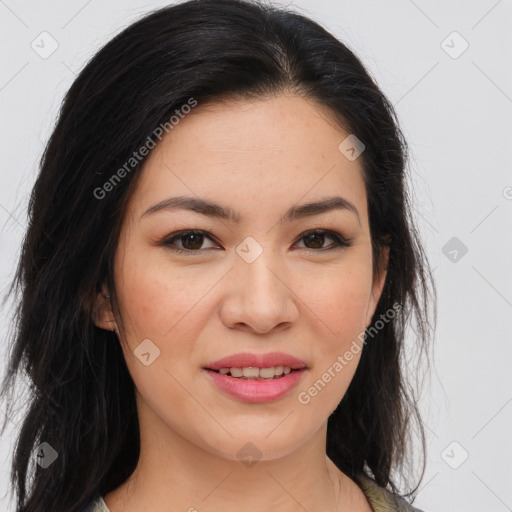 Joyful asian young-adult female with long  brown hair and brown eyes