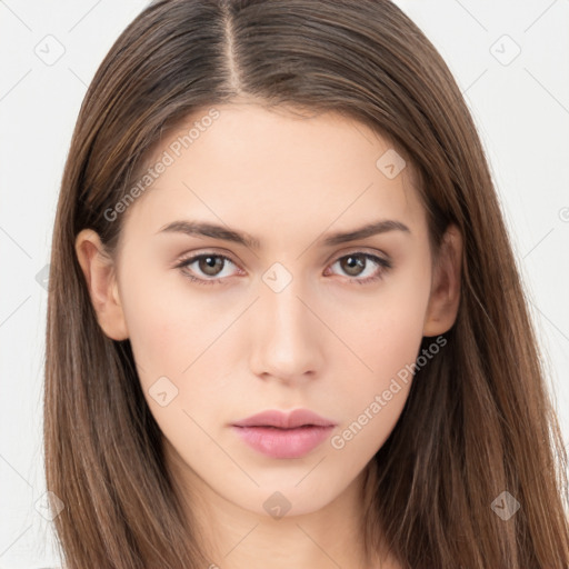 Neutral white young-adult female with long  brown hair and brown eyes