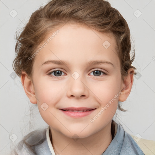 Joyful white child female with medium  brown hair and brown eyes