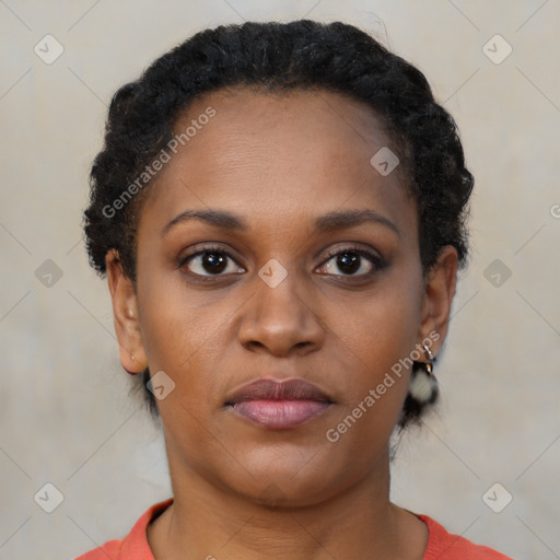 Neutral black young-adult female with short  brown hair and brown eyes