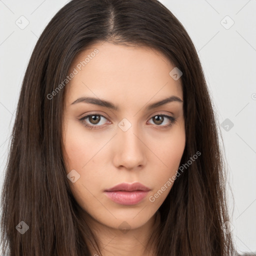 Neutral white young-adult female with long  brown hair and brown eyes