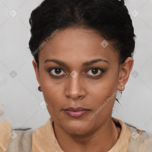 Neutral black young-adult female with short  brown hair and brown eyes