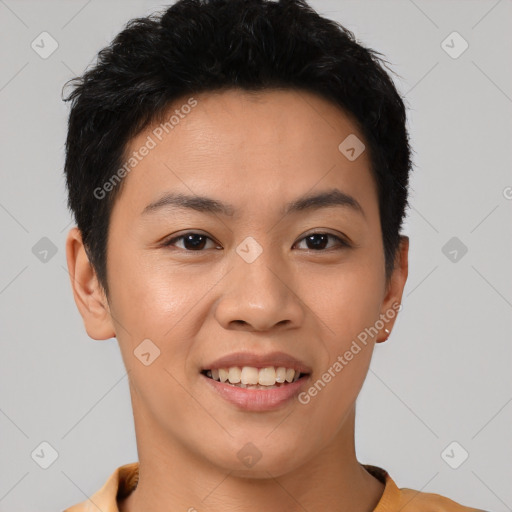Joyful asian young-adult female with short  black hair and brown eyes