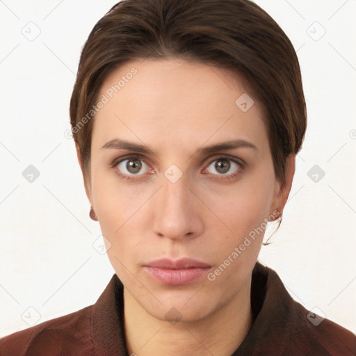 Neutral white young-adult female with short  brown hair and brown eyes