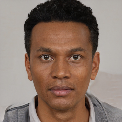 Neutral black young-adult male with short  black hair and brown eyes
