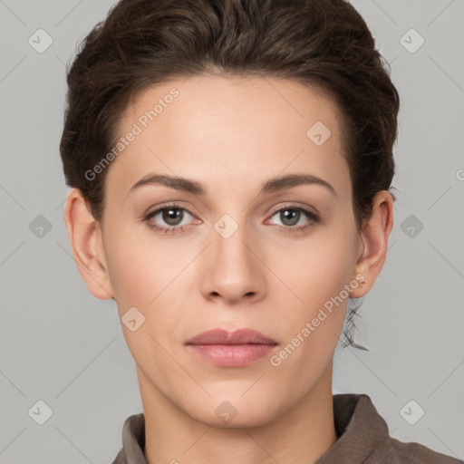 Neutral white young-adult female with short  brown hair and brown eyes