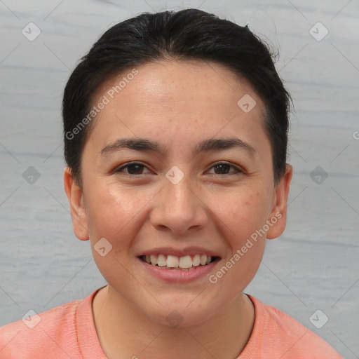 Joyful white young-adult female with short  brown hair and brown eyes