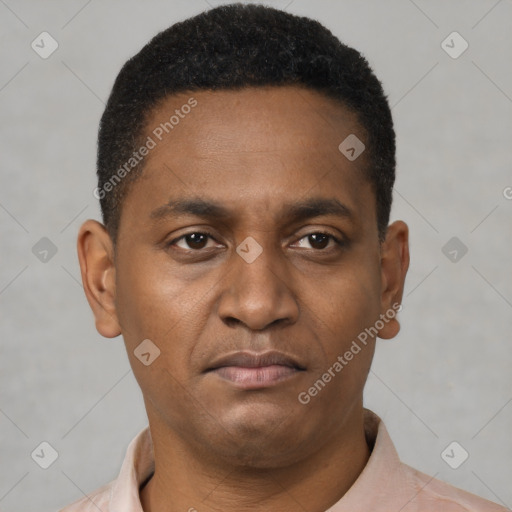 Neutral black young-adult male with short  black hair and brown eyes