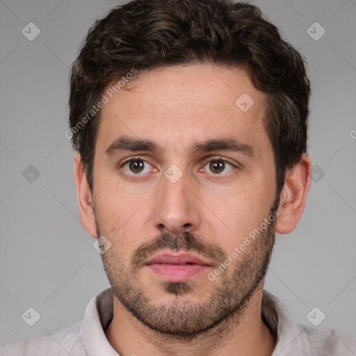 Neutral white young-adult male with short  brown hair and brown eyes