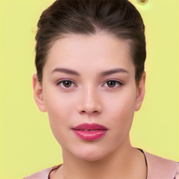 Neutral white young-adult female with short  brown hair and brown eyes