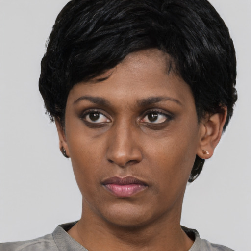Neutral latino young-adult female with short  black hair and brown eyes