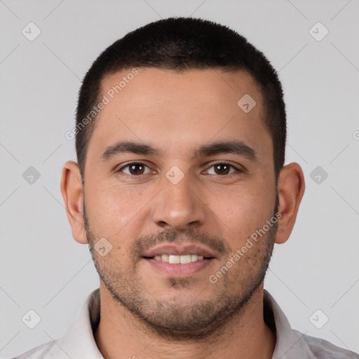 Neutral white young-adult male with short  brown hair and brown eyes