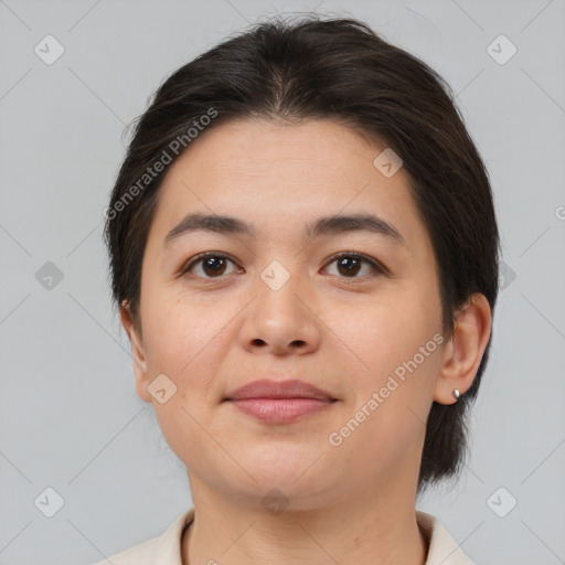 Joyful white young-adult female with medium  brown hair and brown eyes