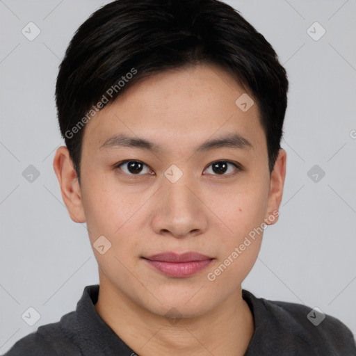 Joyful asian young-adult male with short  black hair and brown eyes