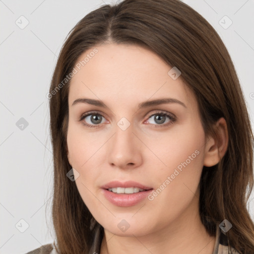 Neutral white young-adult female with long  brown hair and grey eyes